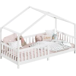 Lit cabane LISAN 90 x 190 cm, en pin massif lasuré blanc><noscript><img width=