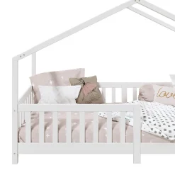 Lit cabane LISAN 90 x 190 cm, en pin massif lasuré blanc><noscript><img width=
