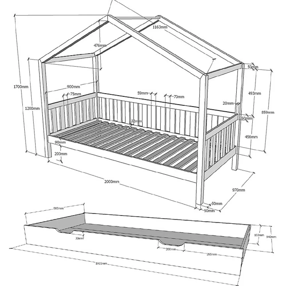 Lit cabane MH 90x200 sommier et tiroir inclus Vipack Dallas Blanc>Petits-Meubles Online