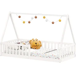 Lit cabane NICOLAS 90 x 190 cm, en pin massif laqué blanc>Idimex