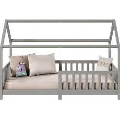 Lit cabane NINA 90 x 190 cm, en pin massif lasuré gris><noscript><img width=