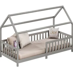 Lit cabane NINA 90 x 190 cm, en pin massif lasuré gris><noscript><img width=