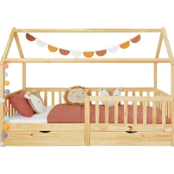 Lit cabane NUNA avec tiroirs, 90 x 200 cm en pin massif finition naturelle><noscript><img width=