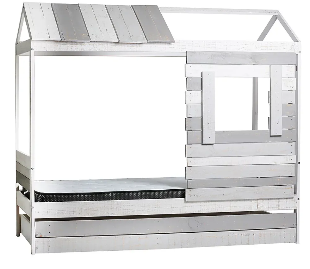 Pegane Lit cabane pour enfant en bois coloris blanc, gris - couchage 90 x 190 cm - Longueur 200 x Profondeur 102 x Hauteur 181 cm* Lit Coffre