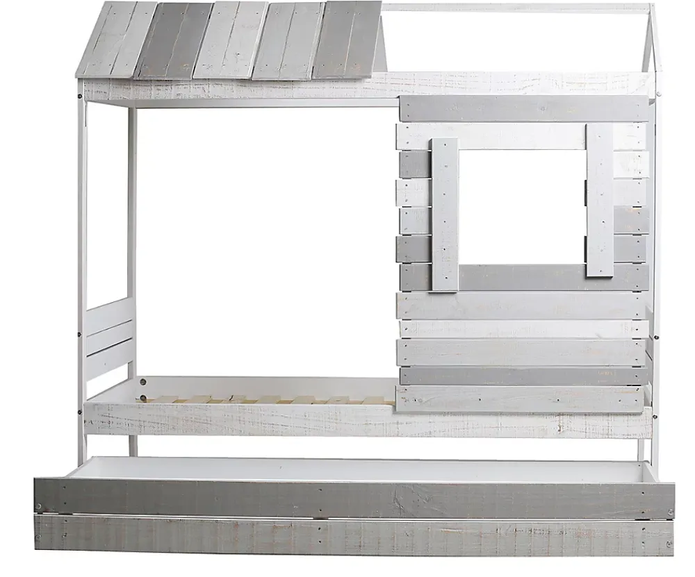 Pegane Lit cabane pour enfant en bois coloris blanc, gris - couchage 90 x 190 cm - Longueur 200 x Profondeur 102 x Hauteur 181 cm* Lit Coffre