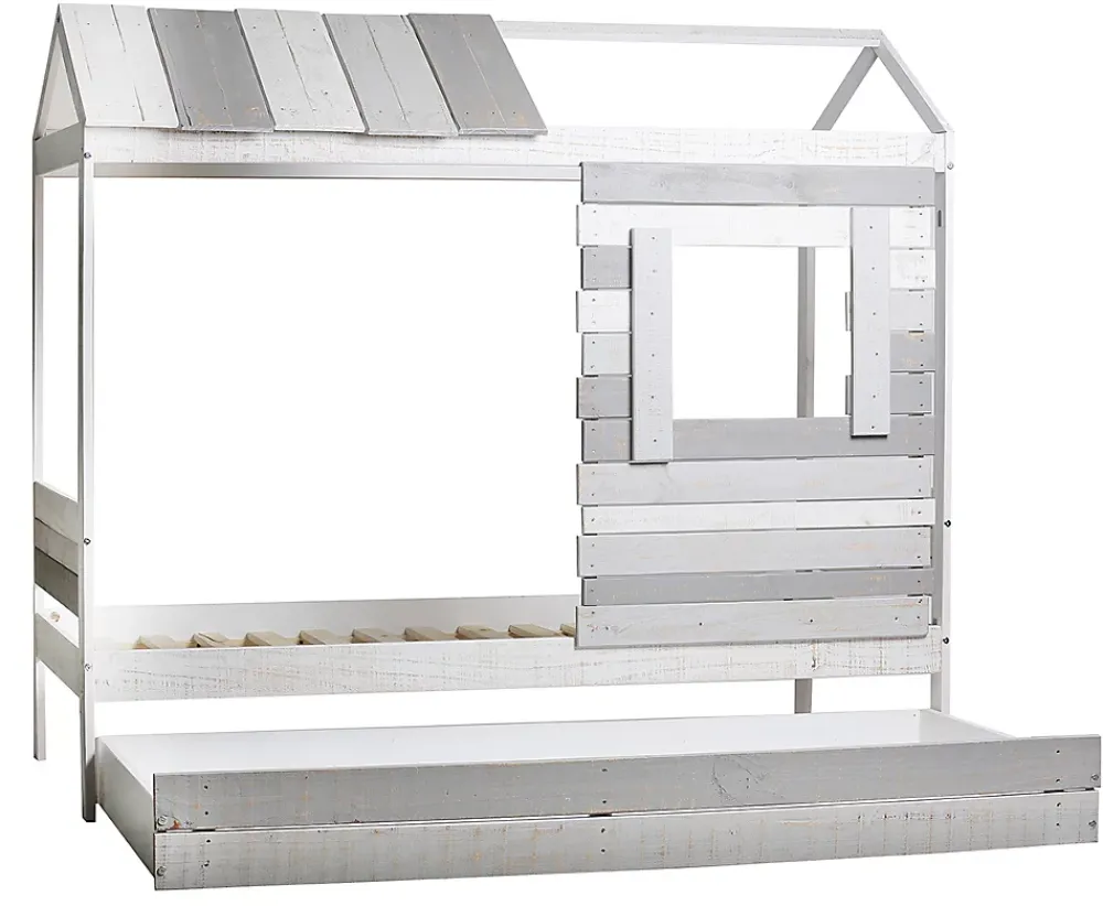 Pegane Lit cabane pour enfant en bois coloris blanc, gris - couchage 90 x 190 cm - Longueur 200 x Profondeur 102 x Hauteur 181 cm* Lit Coffre