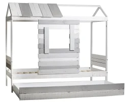 Pegane Lit cabane pour enfant en bois coloris blanc, gris - couchage 90 x 190 cm - Longueur 200 x Profondeur 102 x Hauteur 181 cm* Lit Coffre