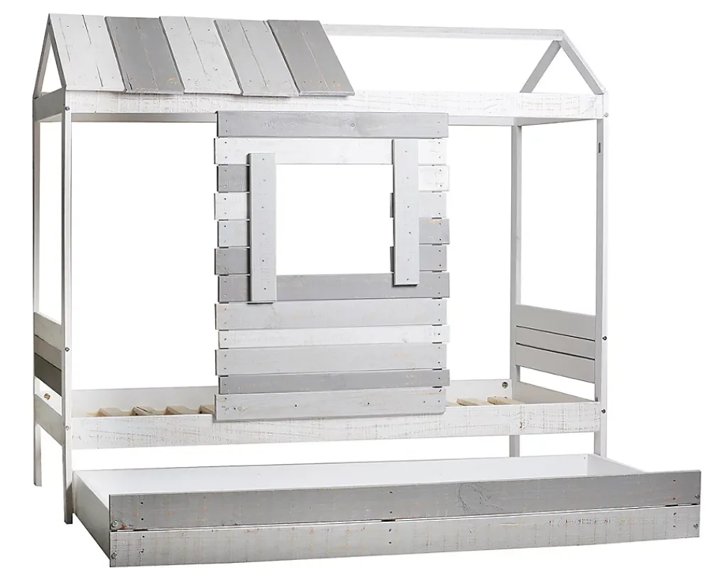 Pegane Lit cabane pour enfant en bois coloris blanc, gris - couchage 90 x 190 cm - Longueur 200 x Profondeur 102 x Hauteur 181 cm* Lit Coffre