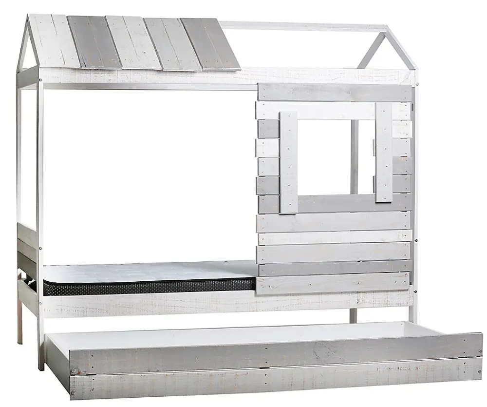 Pegane Lit cabane pour enfant en bois coloris blanc, gris - couchage 90 x 190 cm - Longueur 200 x Profondeur 102 x Hauteur 181 cm* Lit Coffre