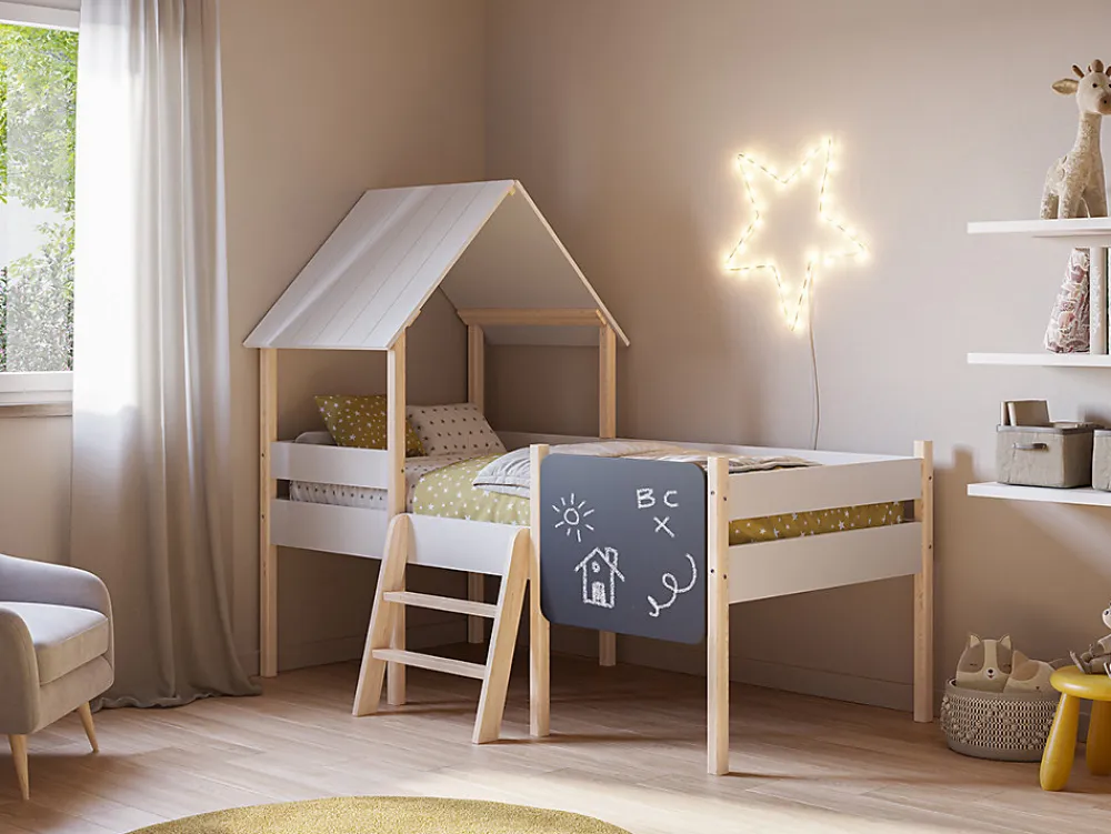 Lit cabane pour enfant en bois coloris blanc, couchage 90 x 190 cm - Longueur 203 x Profondeur 123 x Hauteur 164 cm>Pegane Best