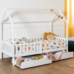 Happy Garden Lit cabane pour enfant 190x90cm blanc avec tiroirs MARCEAU -*Enfant Lit Enfant