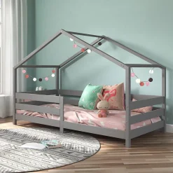 Idimex Lit cabane RENA 90 x 200 cm, en pin massif lasuré gris*Enfant Lit Enfant