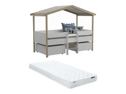 Vente-unique Lit cabane SAROSI avec tiroirs - 90 x 190 cm - Tilleul - Blanc et chêne + matelas*Enfant Lit Enfant