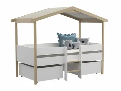 Vente-unique Lit cabane SAROSI avec tiroirs - 90 x 190 cm - Tilleul - Blanc et chêne + matelas*Enfant Lit Enfant
