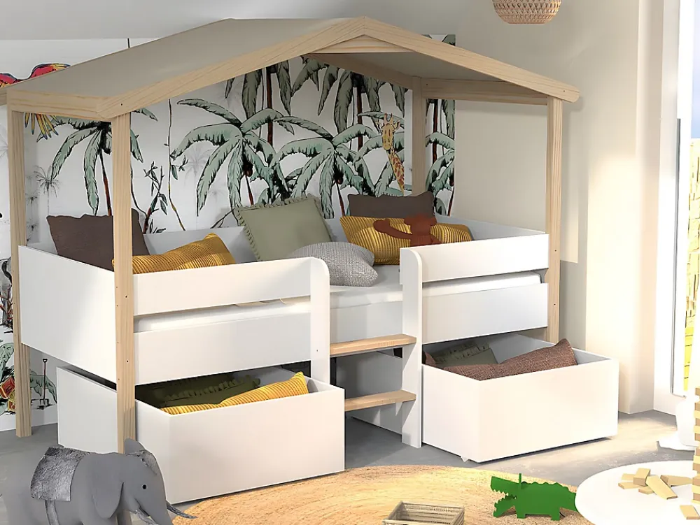 Vente-unique Lit cabane SAROSI avec tiroirs - 90 x 190 cm - Tilleul - Blanc et chêne + matelas*Enfant Lit Enfant