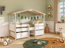 Vente-unique Lit cabane SAROSI avec tiroirs - 90 x 190 cm - Tilleul - Blanc et chêne + matelas*Enfant Lit Enfant