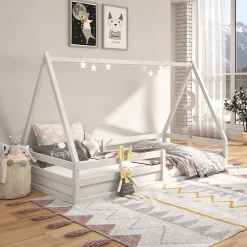 Idimex Lit cabane SILA 90 x 190 cm, en pin massif blanc*Enfant Lit Enfant
