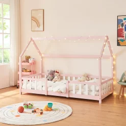 Lit cabane Sisimiut avec matelas 90 x 200 cm rose / blanc en.casa><noscript><img width=