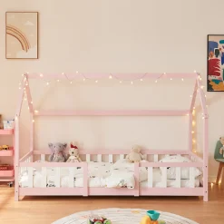 Lit cabane Sisimiut avec matelas 90 x 200 cm rose / blanc en.casa><noscript><img width=