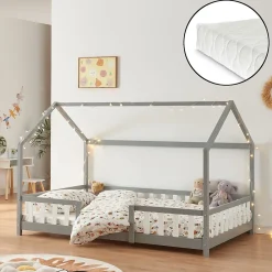 [En.Casa] Lit cabane Sisimiut avec matelas 120 x 200 cm gris clair / blanc en.casa*Enfant Lit Enfant