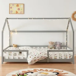 [En.Casa] Lit cabane Sisimiut avec matelas 120 x 200 cm gris clair / blanc en.casa*Enfant Lit Enfant