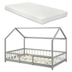 [En.Casa] Lit cabane Sisimiut avec matelas 120 x 200 cm gris clair / blanc en.casa*Enfant Lit Enfant