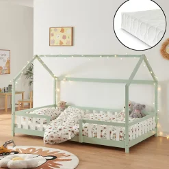[En.Casa] Lit cabane Sisimiut avec matelas 140 x 200 cm vert menthe / blanc en.casa*Enfant Lit Enfant
