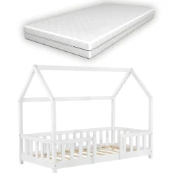 Lit cabane Sisimiut avec matelas 70 x 140 cm blanc en.casa>[En.Casa] Discount