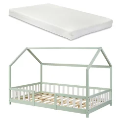 [En.Casa] Lit cabane Sisimiut avec matelas 120 x 200 cm vert menthe / blanc en.casa*Enfant Lit Enfant