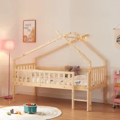 [En.Casa] Lit cabane Sotkamo bois de pin 90 x 200 cm naturel en.casa*Enfant Lit Enfant