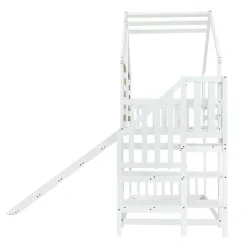 Simple Life Lit cabane superposé avec toboggan, escalier, fenêtres, garde-corps, bois massif, blanc*Enfant Lit Enfant