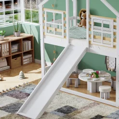 Simple Life Lit cabane superposé avec toboggan, escalier, fenêtres, garde-corps, bois massif, blanc*Enfant Lit Enfant