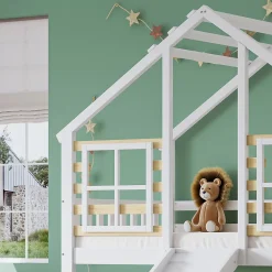 Simple Life Lit cabane superposé avec toboggan, escalier, fenêtres, garde-corps, bois massif, blanc*Enfant Lit Enfant
