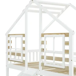 Simple Life Lit cabane superposé avec toboggan, escalier, fenêtres, garde-corps, bois massif, blanc*Enfant Lit Enfant