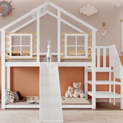 Simple Life Lit cabane superposé avec toboggan, escalier, fenêtres, garde-corps, bois massif, blanc*Enfant Lit Enfant
