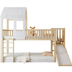 Lit Cabane Superposé 90x200cm Échelle Toboggan Naturel Blanc>Blackcolors Outlet