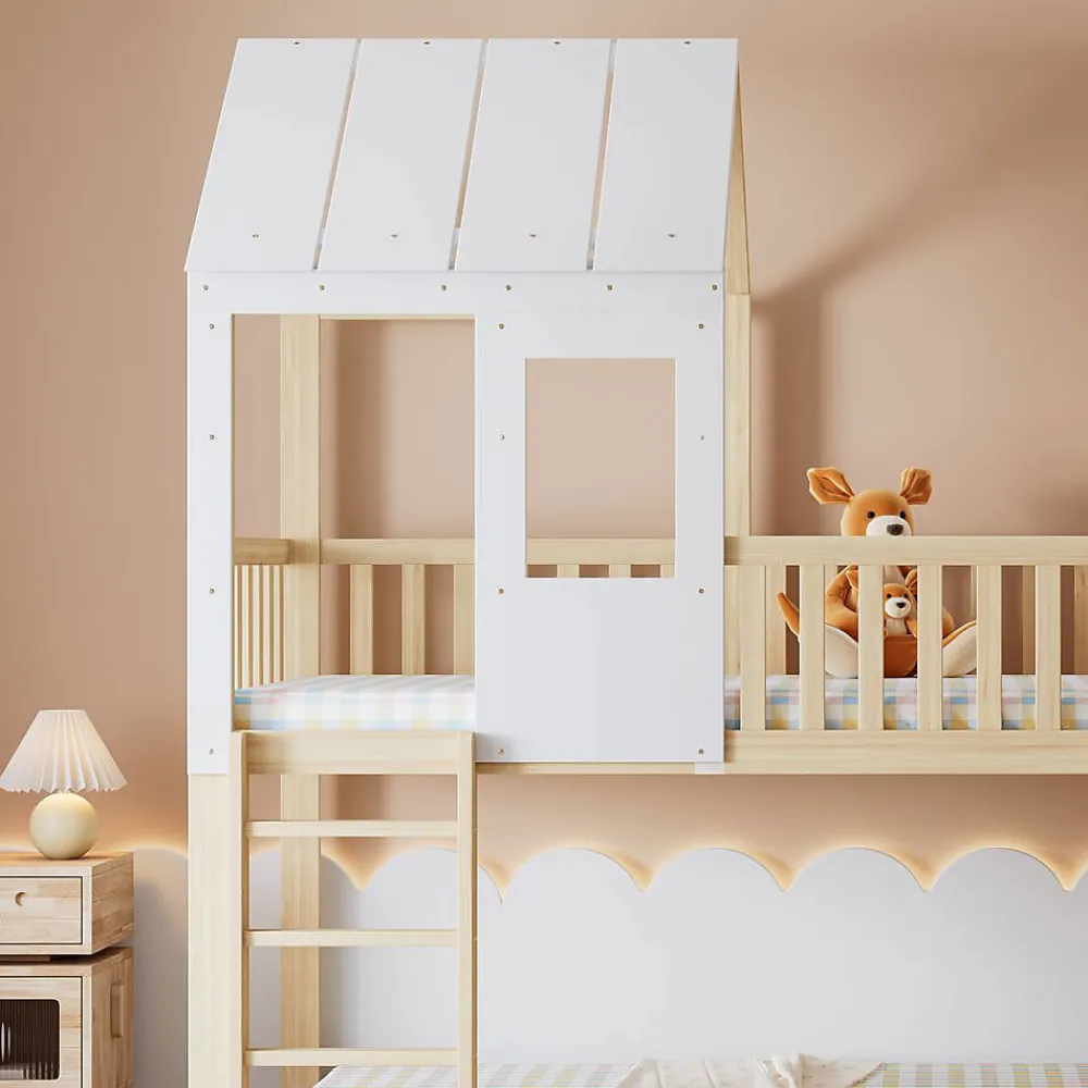 Lit Cabane Superposé 90x200cm Échelle Toboggan Naturel Blanc>Blackcolors Outlet