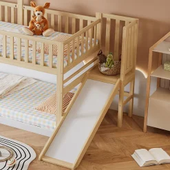 Lit Cabane Superposé 90x200cm Échelle Toboggan Naturel Blanc><noscript><img width=