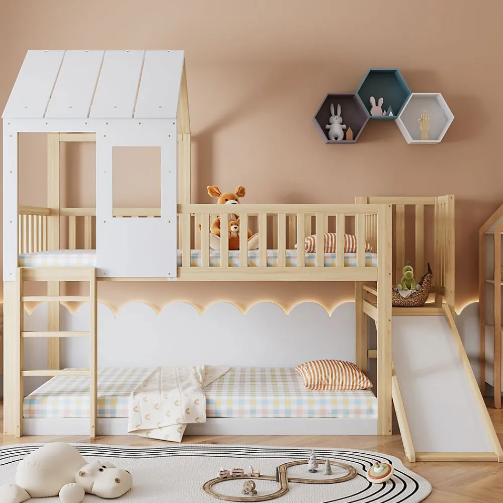 Lit Cabane Superposé 90x200cm Échelle Toboggan Naturel Blanc>Blackcolors Outlet