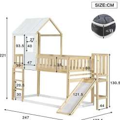 Lit Cabane Superposé 90x200cm Échelle Toboggan Naturel Blanc><noscript><img width=