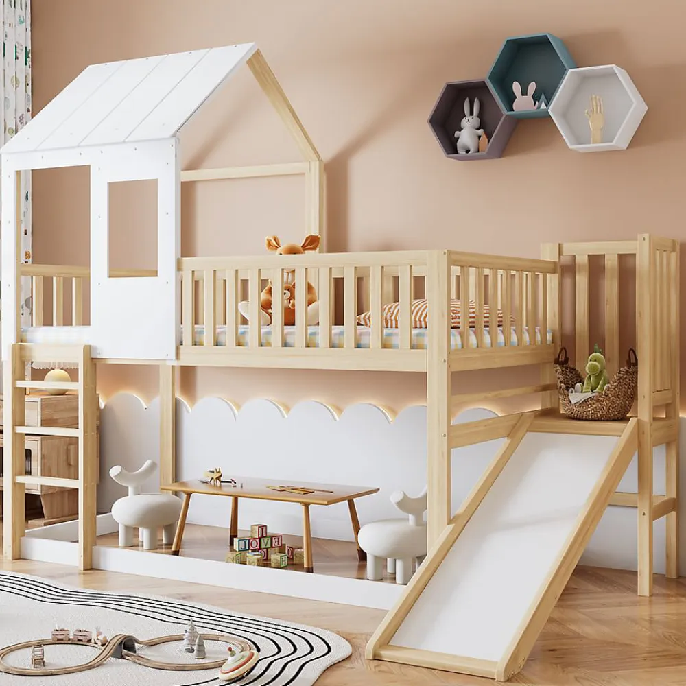 Lit Cabane Superposé 90x200cm Échelle Toboggan Naturel Blanc>Blackcolors Outlet