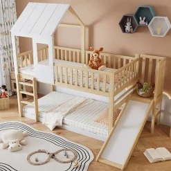 Lit Cabane Superposé 90x200cm Échelle Toboggan Naturel Blanc><noscript><img width=