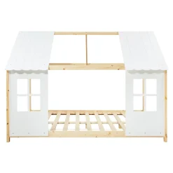 Lit cabane Tostedt pour enfant forme maison bois de pin 140 x 200 cm naturel blanc en.casa><noscript><img width=