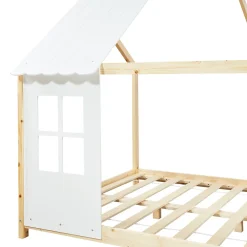 Lit cabane Tostedt pour enfant forme maison bois de pin 140 x 200 cm naturel blanc en.casa><noscript><img width=