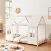 [En.Casa] Lit cabane Tostedt pour enfant forme maison bois de pin 90 x 200 cm rose blanc en.casa*Enfant Lit Enfant