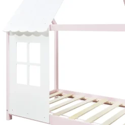 [En.Casa] Lit cabane Tostedt pour enfant forme maison bois de pin 90 x 200 cm rose blanc en.casa*Enfant Lit Enfant