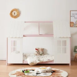 [En.Casa] Lit cabane Tostedt pour enfant forme maison bois de pin 90 x 200 cm rose blanc en.casa*Enfant Lit Enfant