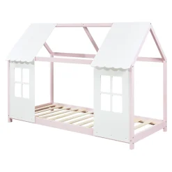 [En.Casa] Lit cabane Tostedt pour enfant forme maison bois de pin 90 x 200 cm rose blanc en.casa*Enfant Lit Enfant