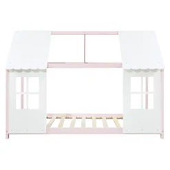 [En.Casa] Lit cabane Tostedt pour enfant forme maison bois de pin 90 x 200 cm rose blanc en.casa*Enfant Lit Enfant