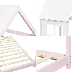 [En.Casa] Lit cabane Tostedt pour enfant forme maison bois de pin 90 x 200 cm rose blanc en.casa*Enfant Lit Enfant